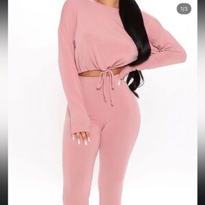 Pink Long Sleeve Crop Top and Leggings Set